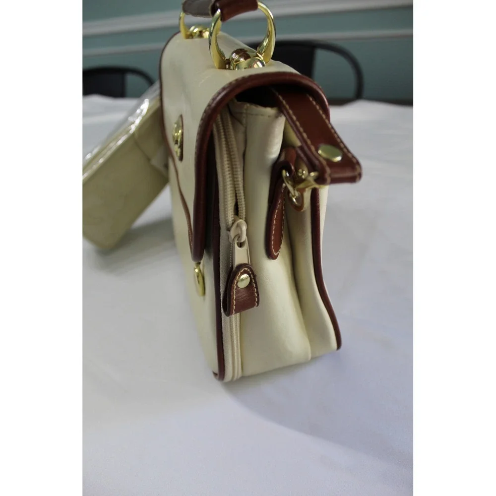 Della Prima Vintage Cream Brown Colorblock Crossbody Organizer Bag with Pouch